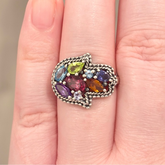 Vintage Silver Hamsa Gemstone Ring, Milgrain Sterling, Rainbow Gem, Size 6.25 - Picture 9 of 17